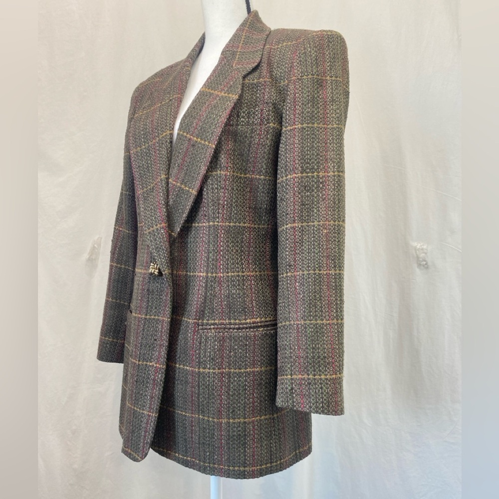 Doncaster Vintage 80s 100% Silk Brown Tweed Multicolor Plaid Longline Blazer 8 - Picture 4 of 17
